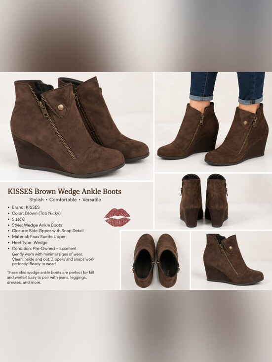 Kiss Shoes - Kisses Women's Brown Faux Suede Wedge Ankle Booties Side Zip Size 8